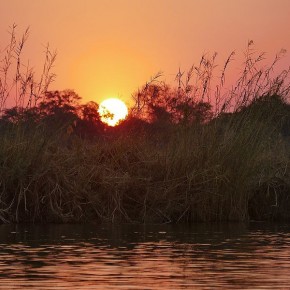Abendstimmung am Kavango River, hier fällt die Sonne auf die Wiese.