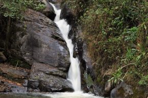 Das Ziel einer langen Wanderung: Der Mkuzhi-Wasserfall liegt mitten im Bergregenwald. Jetzt, am Ende der Trockenzeit, führt er nicht viel Wasser.